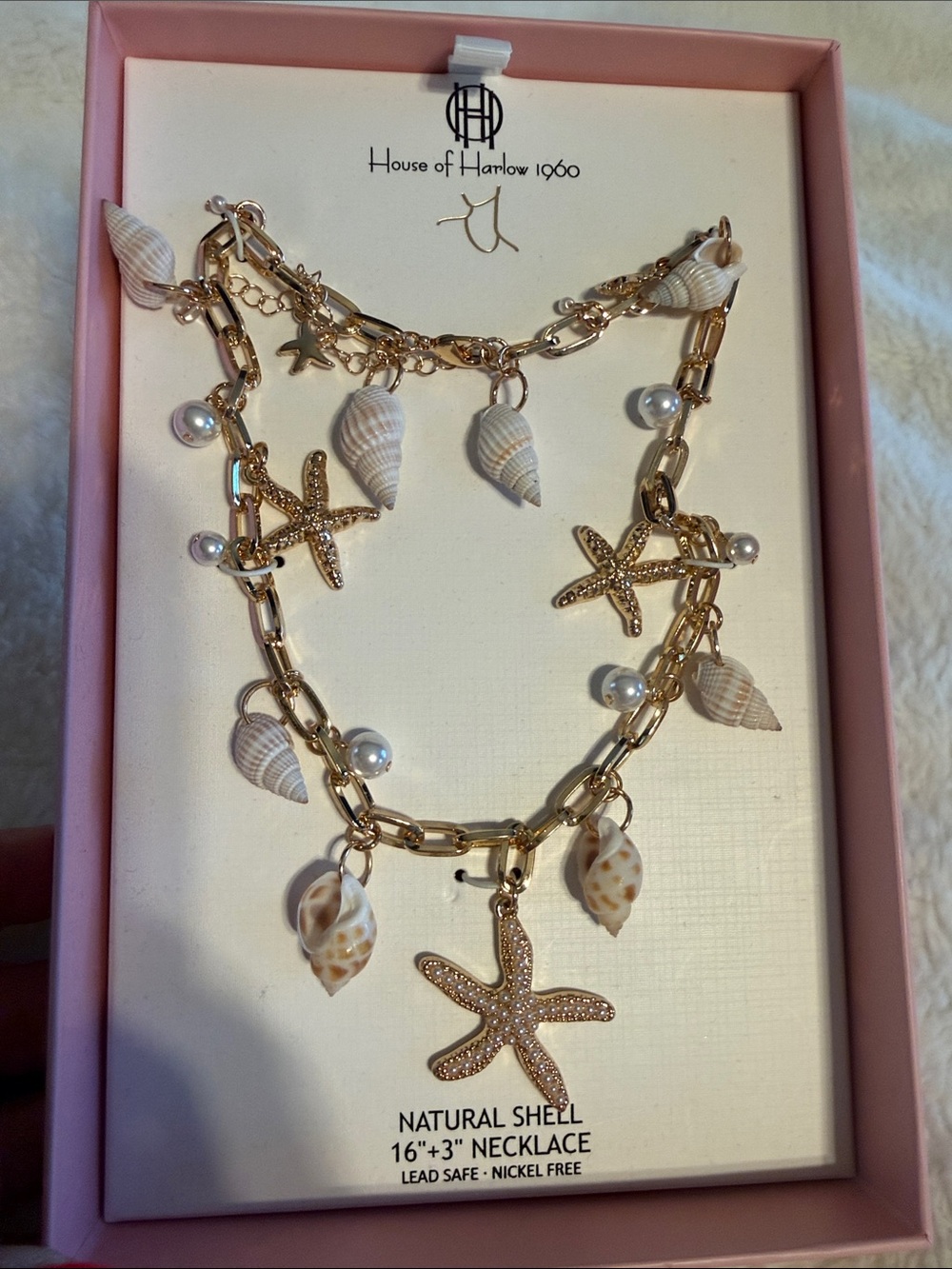 House of Harlow 1960 Gold Tone Shell & Starfish Layered Necklace with Pearls